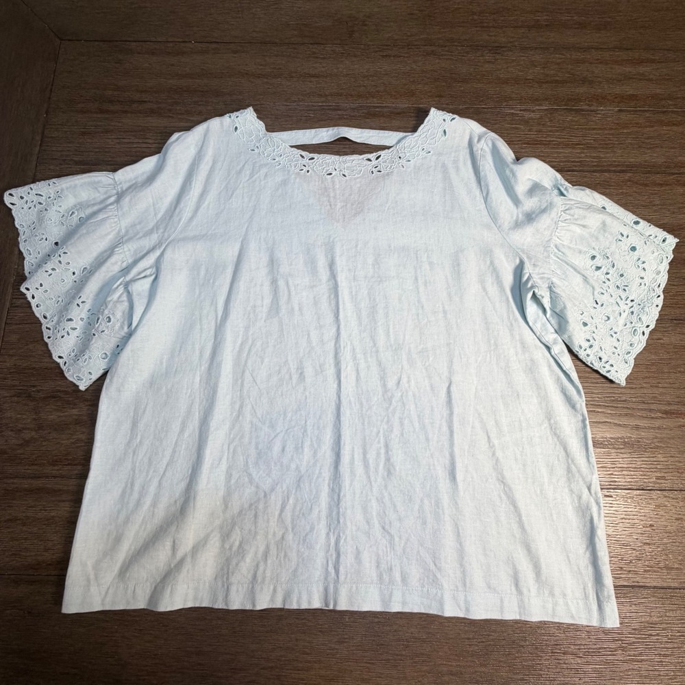LOFT Womens XL Light Blue Linen Blend Eyelet Flutter Sleeve V-Neck Blouse